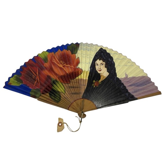 Antique Spanish Hand Painted Wood- Paper Hand Folding Fan main image 5